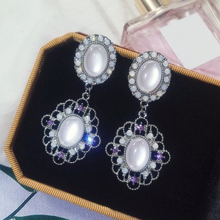 KR-138 ต่างหูแฟชั่นเกาหลีก้านเงิน S925 อะไหล่เงิน Baroque earrings ทรงกลมรีล้อมเพชร