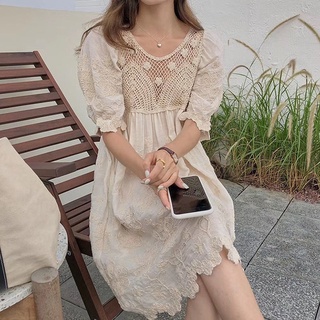 พร้อมส่ง เดรสผ้าคอตตอนปักลาย โทนสีครีม ช่วงบนถักนิตติ้ง งานละมุมสุดๆ เดรสกระโปรง เดรสลายดอก
