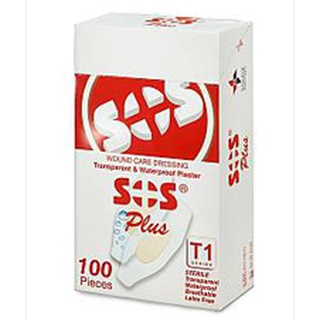 SOS PLUS T1 พลาสเตอร์กันน้ำ 100 ชิ้น(1 กล่อง) พลาสเตอร์ฟิล์มใสปิดเเผล กันน้ำพร้อมเเผ่นดูดซับ เอส โอ เอส พลัส รุ่นทีซีรีย์(10361)