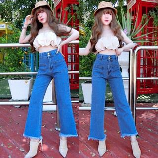 Cc jeans 164 S-3XL กางเกงยีนส์ผู้หญิง ทรงขาบาน ขอบสูง 2 กระดุม ปลายขาตัดรุ่ย แต่งกระเป๋าหน้า