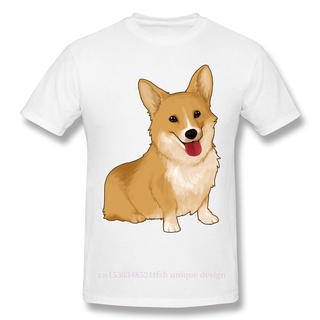 ผ้าฝ้ายคอกลมเสื้อยืด พิมพ์ลายการ์ตูนหน้ายิ้ม Corgi Kwaii น่ารัก สําหรับผู้ชายfrom S-4XL