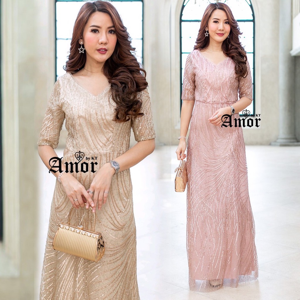 M-4XL ชุดเดรสราตรียาวออกงานสีชมพูกะปิ/สีทอง M-4XL