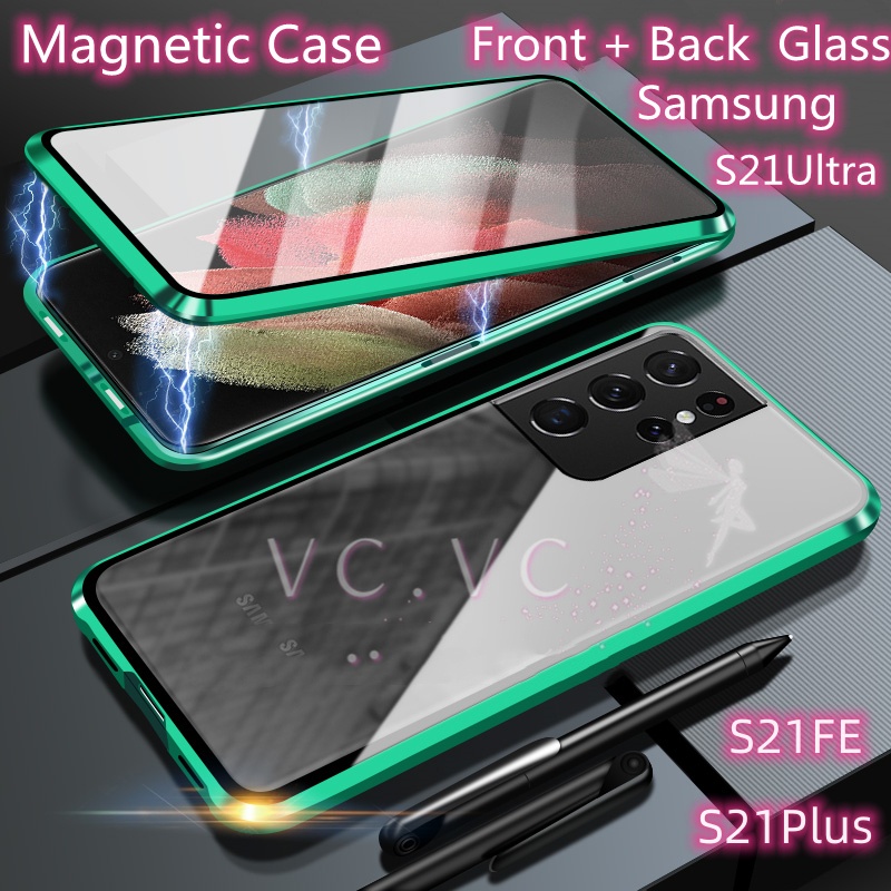 เคสโทรศัพท์มือถือกระจกนิรภัยแข็ง แบบฝาพับแม่เหล็ก สองด้าน ป้องกัน 360 องศา สําหรับ Samsung Galaxy S21 Ultra S21Plus S21FE