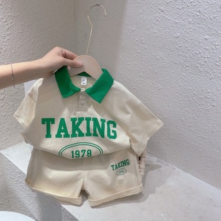 ฤดูร้อน ใหม่ เด็กผู้ชาย ลําลอง พิมพ์ลายตัวอักษร คอปกโปโล แขนสั้น เสื้อยืด + กางเกงขาสั้น ชุดสองชิ้น