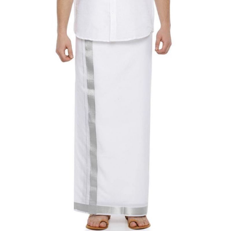 Pure Cotton dhoti(vesti)ขอบเงิน 8 moolam-3.6 mtr(8*5)vesti(no.1)&Thundu(no.2)+ เข็มขัดมีกระเป๋า no.4