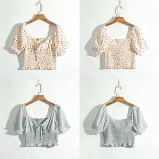 MASS Fashion : เสื้อครอป สม็อคอก Top Cute Ash Blue/Cream Rose