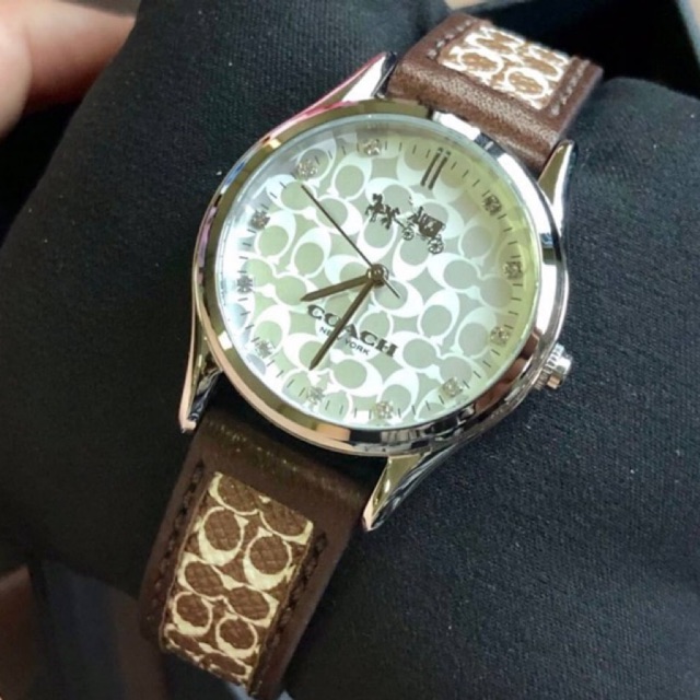 (ผ่อน0%) นาฬิกา Coach 14502332   Brown Leather Signature Logo Strap Silver Glitz Dial Women's Watch 