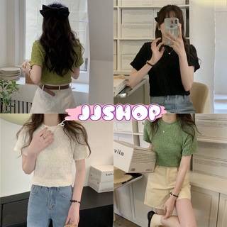 JJ Shop​💜​พร้อมส่ง  เสื้อไหมพรมคอกลมแขนสั้น ดีเทลผ้าลายทั้งตัวน่ารักสีน่ารักมาก "11120"