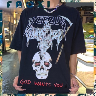 เสื้อยืดผ้าฝ้ายพิมพ์ลายขายดี【FACXI】เสื้อยืด ผ้าฝ้าย ทรงหลวม ลาย Yeezus Kanyes Same Style สไตล์ฮิปฮอป ขนาดใหญ่ สําหรับคู