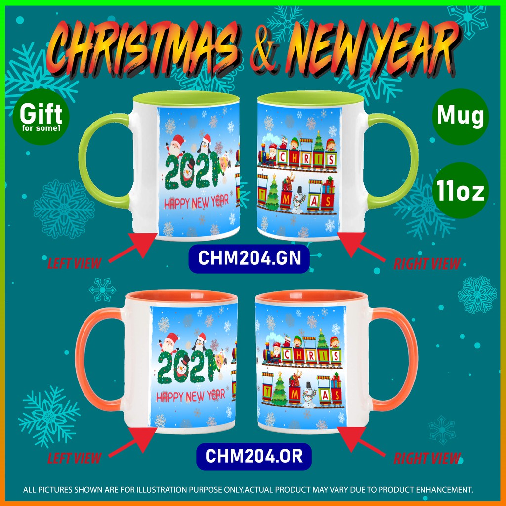 Merry Christmas Happy New Year Coffee Mug CHM204, 7 Colors, 11oz, Gift / Present