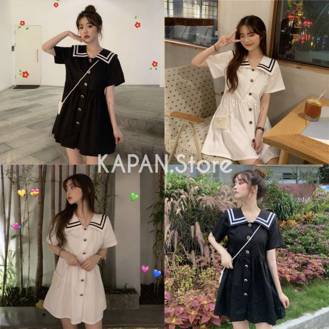 KAPAN 🌸พร้อมส่ง🌸 เดรสสั้น ปกกะลาสี แบบกระดุม มี2สี ขาว, ดำ ผ้าคอตตอน ฟรีไซส์ เดรสสไตล์เกาหลี KP19
