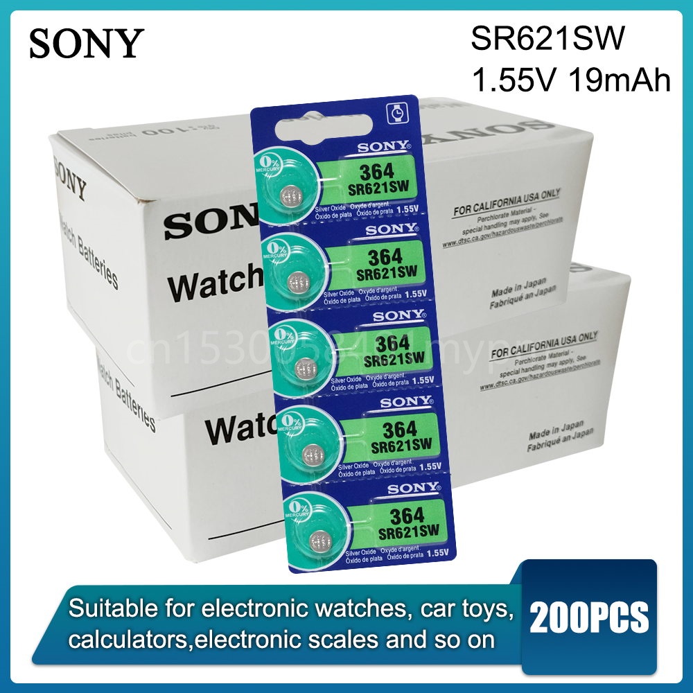 200PCS Original Sony 364 SR621SW SR621 V364 AG1 LR60 1.55V Silver Oxide Battery for Watch Car Key Bu