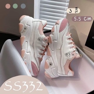 SS332 รองเท้าผ้าใบเกาหลีทรงสปอร์ตสกรีนลายหนู ส้นตึก สีขาวชมพู/เขียว/เทา