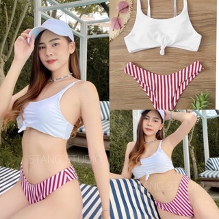 BIKINI บิกินี่ มีตำหนิสีคราบเหลือง ชุดว่ายน้ำ ทูพีช  บราแบบรัดจุก กางเกงในลายทางแดง ขาว รุ่นกั้ง พร้อมส่ง‼️