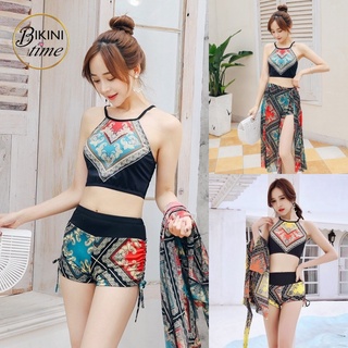 🏖BikiniTime มี2สี ชุดว่ายน้ำแฟชั่น สไตล์โบฮีเมียน บิกินี่ เซ็ท3ชิ้น พร้อมผ้าคลุมซีทรู (SB41)