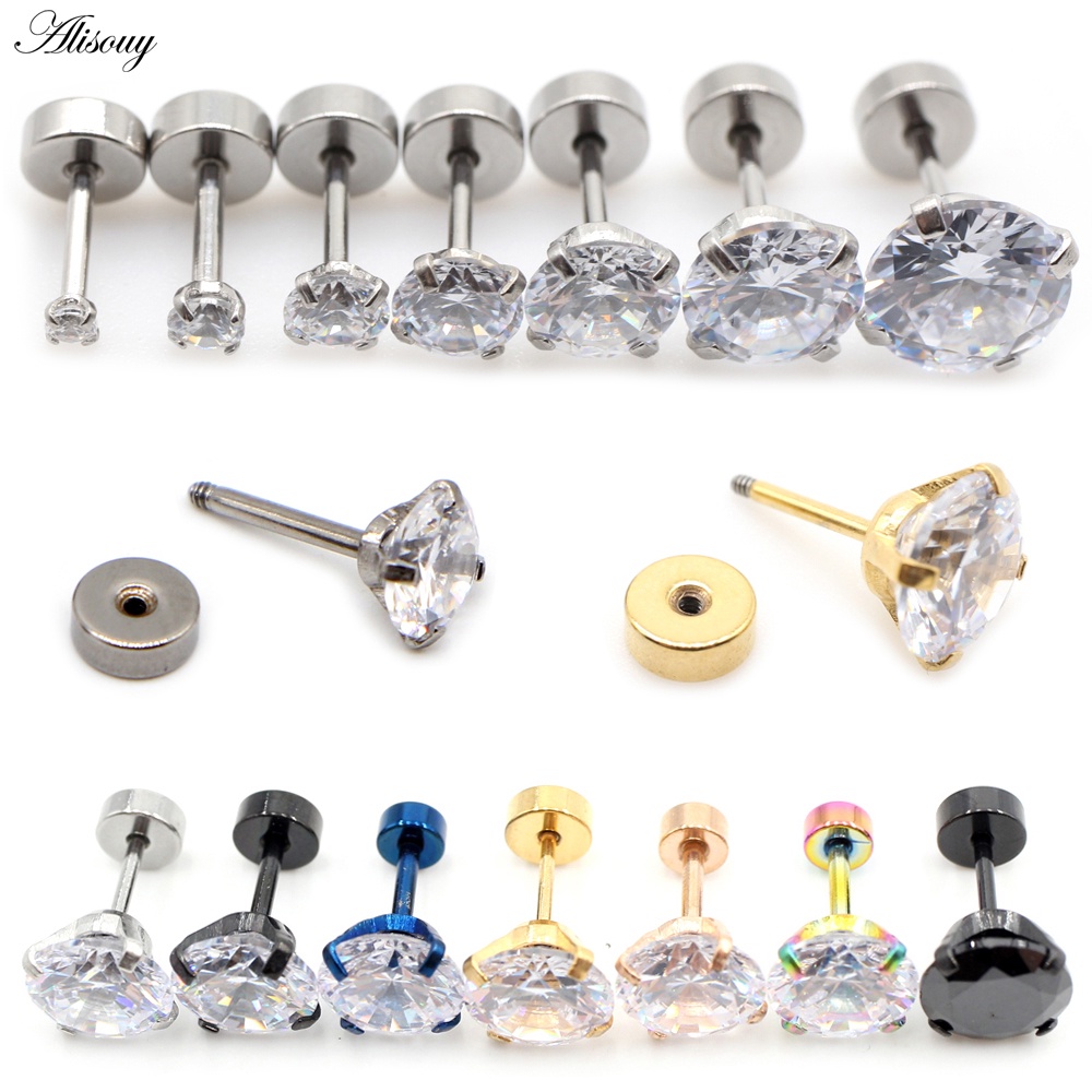 Alisouy 2PC สแตนเลส Unisex ผู้หญิงผู้ชายรอบคริสตัลเพทายหู Studs ต่างหู 4 Prong Tragus กระดูกอ่อนเจาะเครื่องประดับ