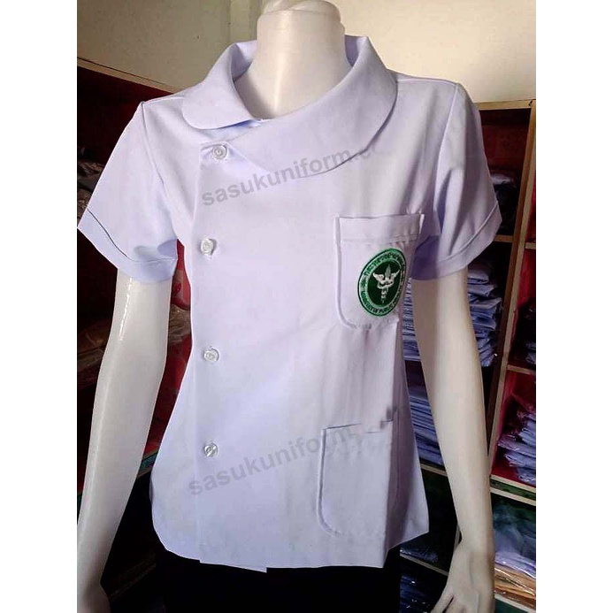 เสื้อกาวน์ขาว คอบัวกัลยา ปักกระทรวงสาธารณสุข ผ้าสเปนเด๊กซ์ ผู้หญิง
