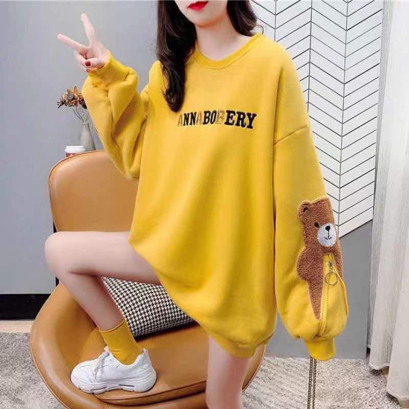 เสื้อเเขนยาวคอกลม Oversize/Big size (อก 50-64 นิ้ว) ปักหมีแขนซิป สไตล์เกาหลี ผ้าคอตตอล พร้อมส่ง B43