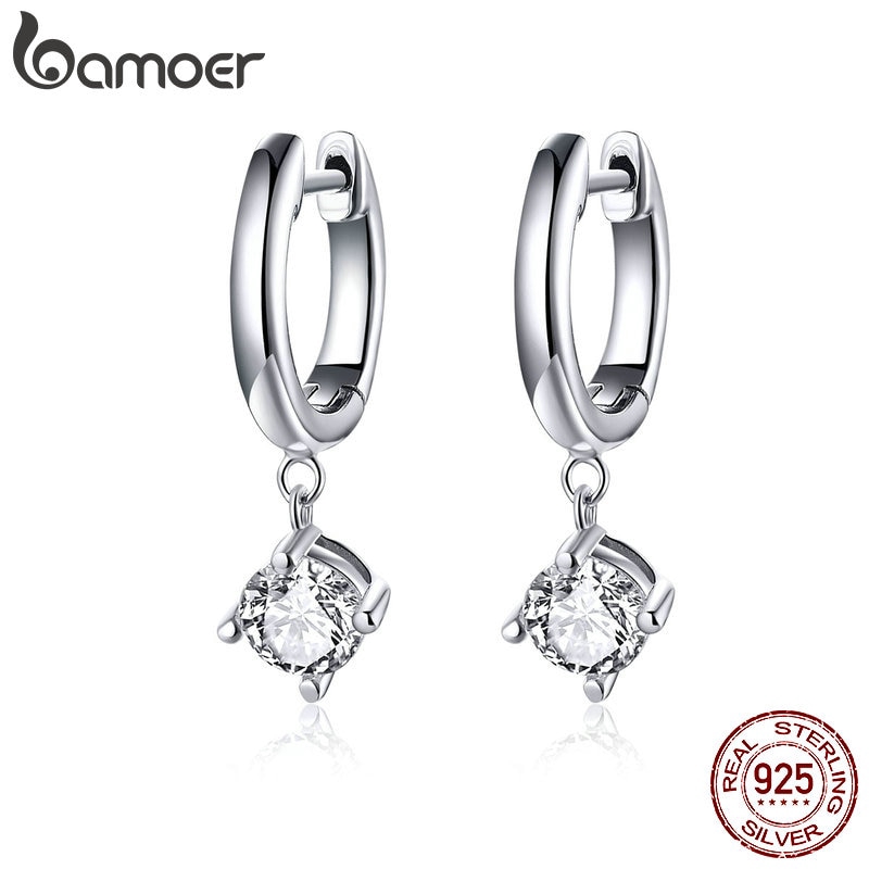 BAMOER 925 Sterling Silver ต่างหูหล่น With Shining Stone SCE553