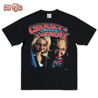 คอลูกเรือเสื้อยืดคอกลม21 สินค้าเดิม/เสื้อยืดคอกลม/ Chucky &amp; Tiffany^Midnight Horror/ผ้าฝ้าย 100% Oversize SML ดำ&amp;ขาว uni