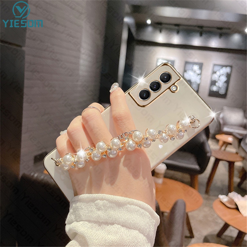 หรูหราชุบสร ้ อยข ้ อมือมุกสําหรับ Samsung Galaxy S22 S21 Ultra S22 S20 Plus S21 S20 FE S21 Plus ซิลิโคนนุ ่ มโทรศัพท ์ ฝาหลัง