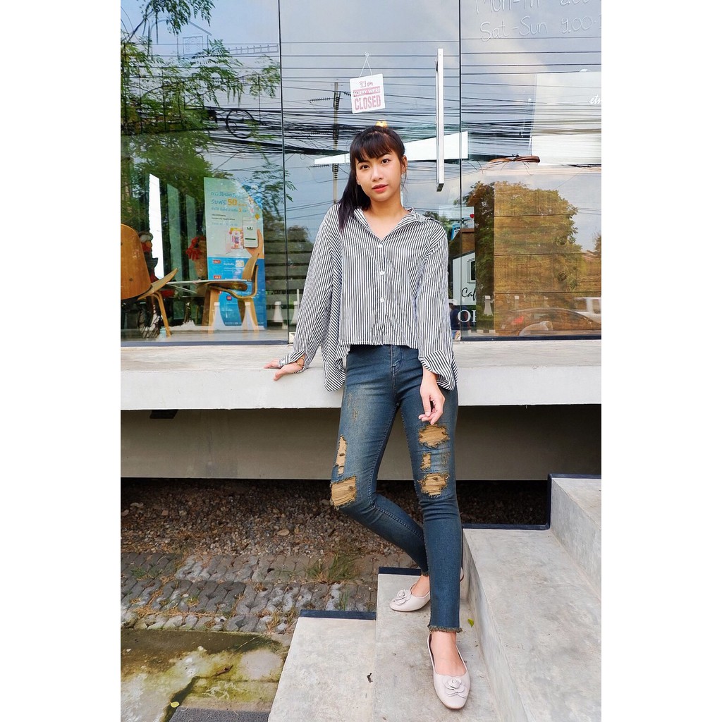 Cc jeans 047 S-5XL กางเกงยีนส์ผู้หญิง เอวสูง ทรงเดฟยืด  ปะเข่า ปลายขาตัด สีสนิม กางเกงผู้หญิง ราคา ถูกที่สุด โปรบีเคเค แกลเลอรีภาพที่ 2