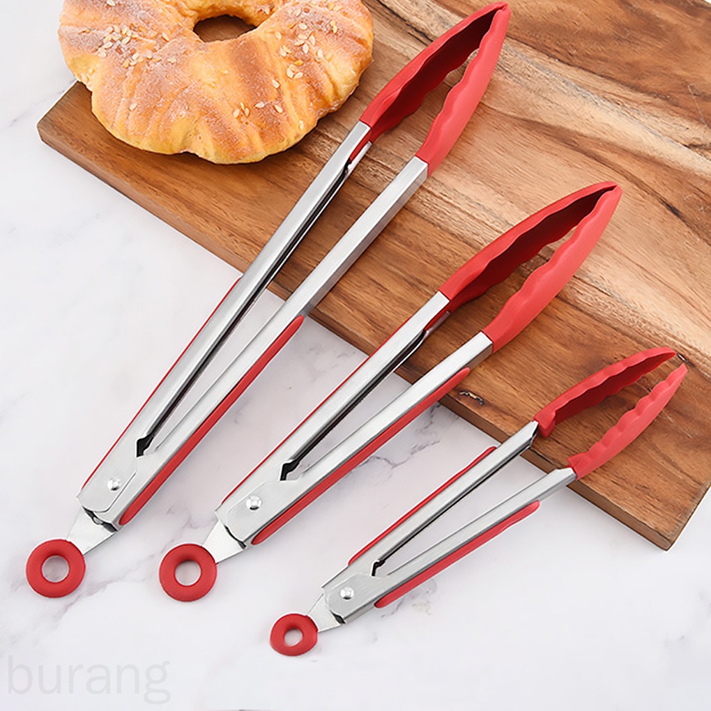Non Stick Kitchen Tong พร้อมปลายซิลิโคนสแตนเลสทําอาหารย่างสเต็กบาร์บีคิวอาหารคลิป burang