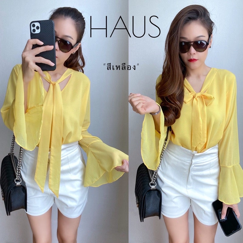 เสื้อชีฟองแขนยาวคอวีแต่งสายผูกเองตรงคอแขนทรงแขนกระดิ่ง oversize มีซับในผ้าชีฟองทั้งด้านหน้าแล้วหลัง รอบอกได้ถึง46”