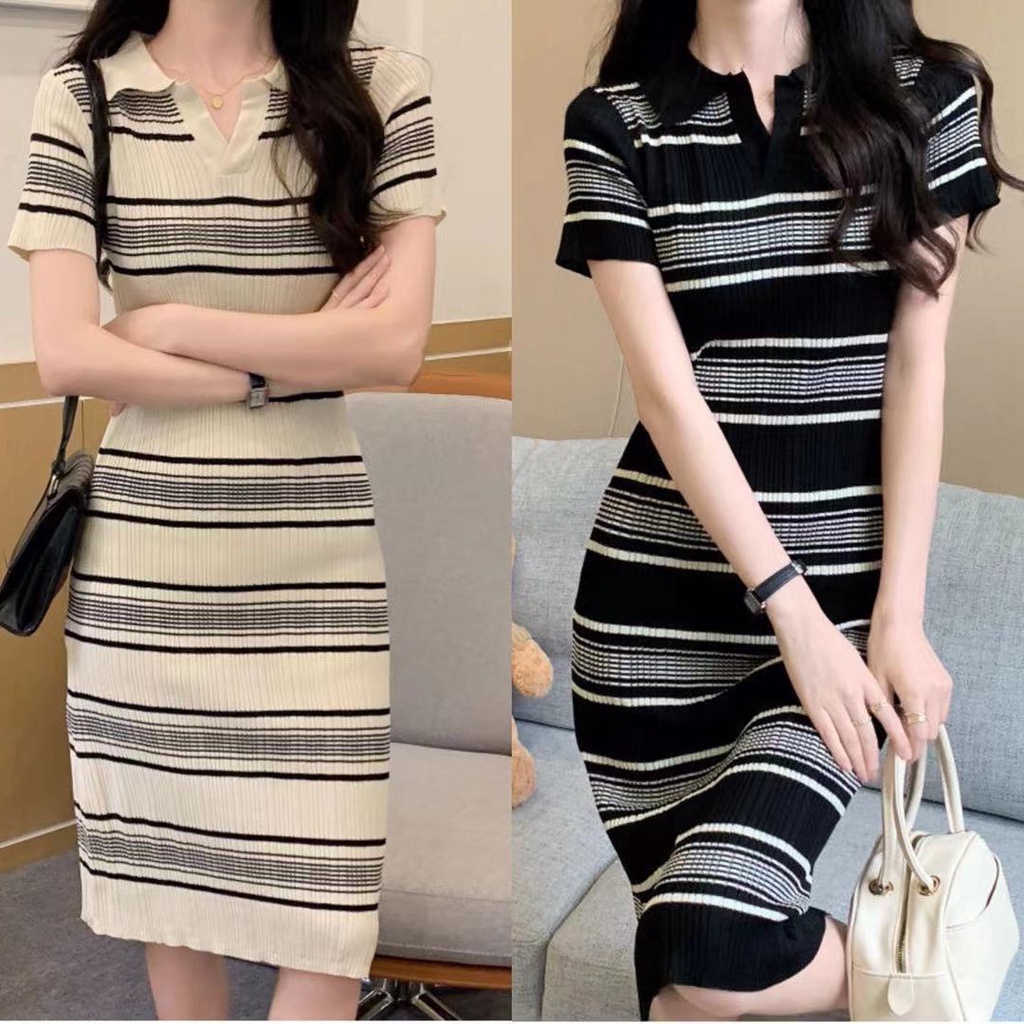 *พร้อมส่ง*ชุดเดรสแขนสั้นไหมพรมคอปก เพิ่มเว้าลึก ลายทางยืดได้เยแะทรงสวยลุคนี้โคเรียสุดๆ39128*