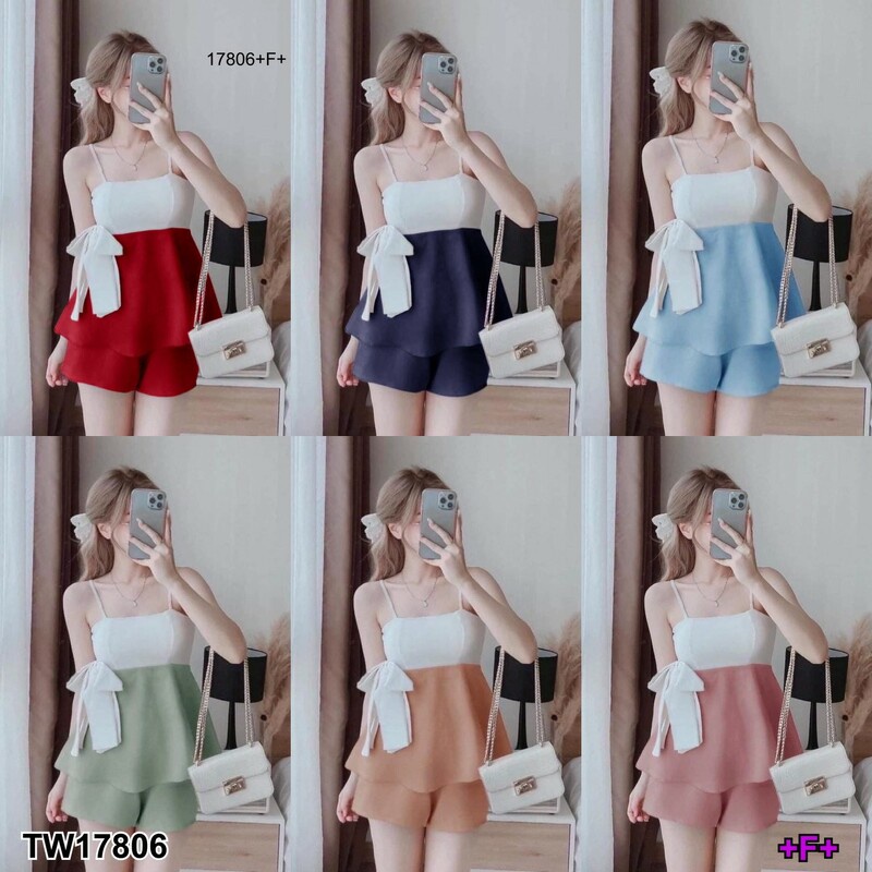 TT17806 Jumpsuit จั้มสูทสายเดี่ยว แต่งกระโปรงคลุม ติดโบว์ One-shoulder jumpsuit Dress with a hooded skirt with a bow