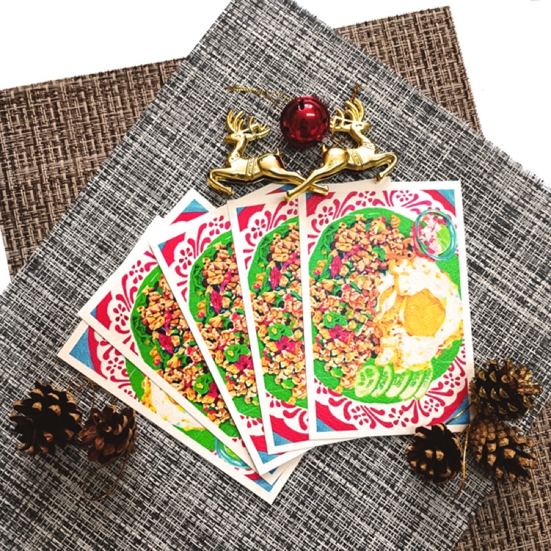 NEW ❤️ Postcard โปสการ์ดลายไทย โปสการ์ลายอาหารไทย ผัดกระเพรา โปสการ์ด Thailand dish delicious food pat kra pao
