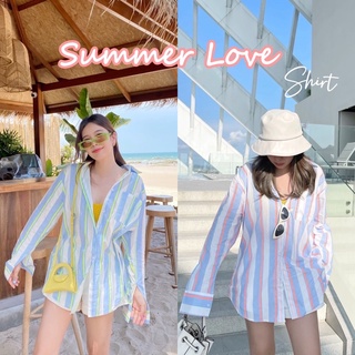 (โค้ด L299HIT ลด 20%) SUMMER LOVE SHIRT เสื้อเชิ้ตลายทางสลับสีนีออนสไตล์โคเรีย ผ้าคอตตอน