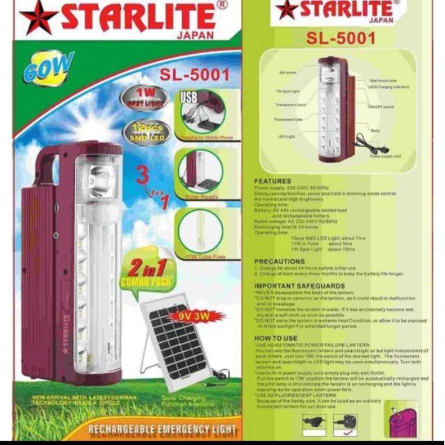 STARLITE SL-5001 RECHARGEABLE EMERGENCY LIGHT