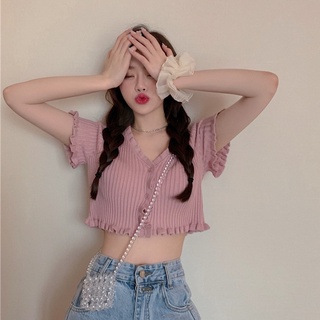 Suxi ฤดูร้อนใหม่สีทึบถัก Crop Tops ผู้หญิงคอวีเสื้อยืดเซ็กซี่สั้น Tops