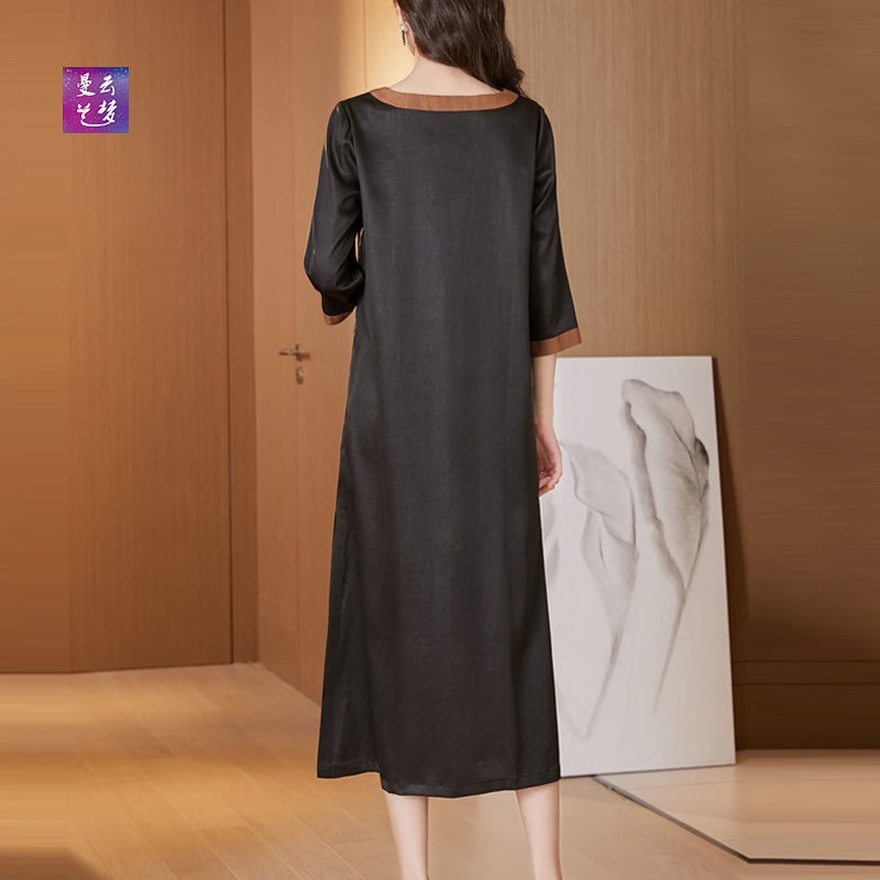 Chiffon silk 7sleeve heavy silk dress Long highend black mother dress