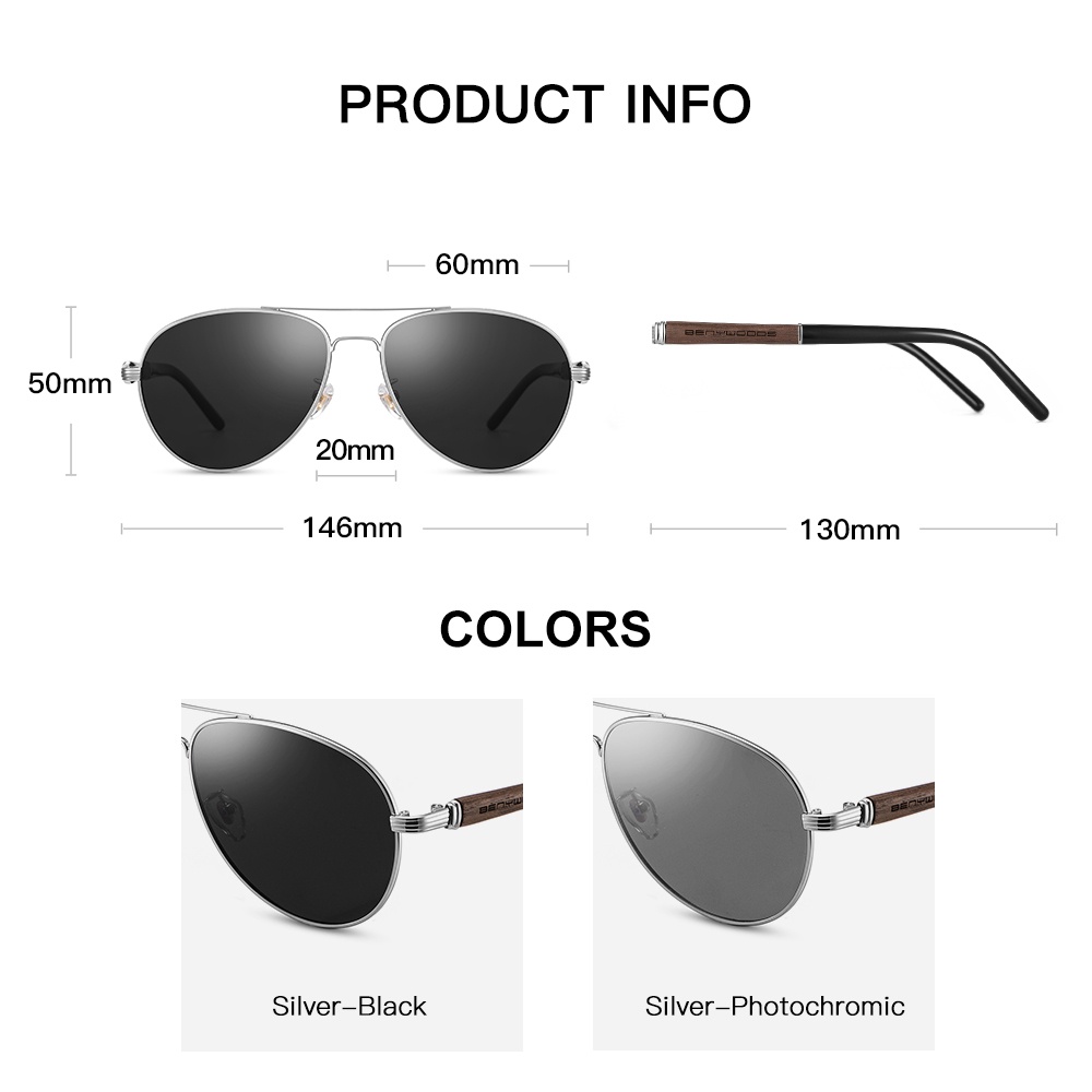 Pilot Sunglasses For Men - Polarized Genuine Wood & Bamboo Frame With UV404 Lenses (SH73001)