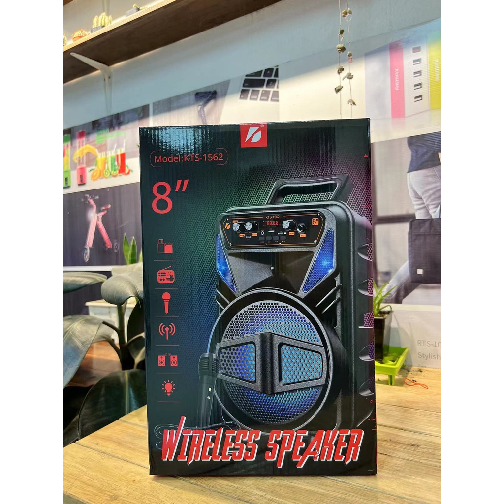ลำโพงบลูทูธ KTS-1562 ดอก8นิ้ว แถมไมค์สาย ปรับเบสได้ รองรับAUX/USB/TF เก็บปลายทางได้