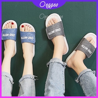 Oeggeo shop Velcro รองเท้าแตะลําลอง ส้นแบน ผ้ายีนส์ สําหรับผู้ชาย และผู้หญิง