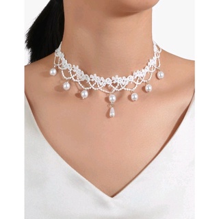 สร้อยคอ โชคเกอร์ สร้อยคอวินเทจ สร้อยคอลูกไม้ สีขาว Faux Pearl Pendant Necklace Round Ball Charm Choker (ส่งจากไทย)