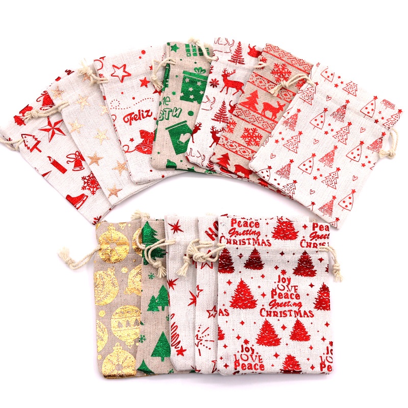 ถุงผ้าฝ้าย ผ้าลินิน พิมพ์ลายคริสต์มาส สีบรอนซ์ สําหรับใส่ขนม ลูกกวาด