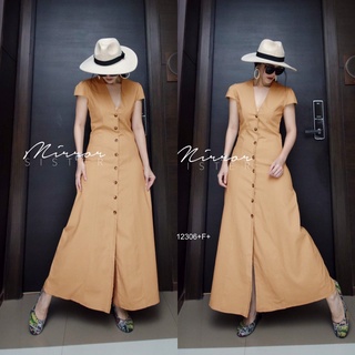 TW12306 Maxi Dress แม็กซี่เดรสแขนกุดคลุมไหล่ กระดุมหน้างานผ้าซาร่า สีพื้น