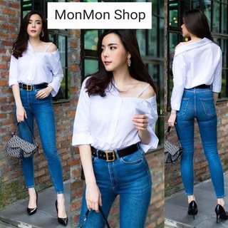 MONMONSHOP😊MON5682 เสื้อเชิ้ตเปิดไหล่ข้างเดียวแต่งสายเดี่ยว งานเก๋มากๆนะคะ