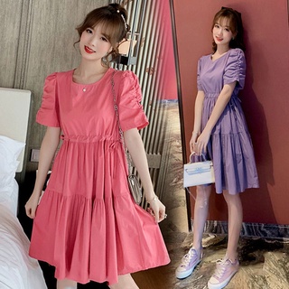 ↂ👗S/2XL ชุดคลุมท้องคอสีกรมท่า ชุดเดรสสีขาวโอเวอร์ไซส์ ทรงหลวม เดรสแขนพัฟฝรั่งเศส ชุดสาวอ้วน ซ่อนพุงและทรงสลิม