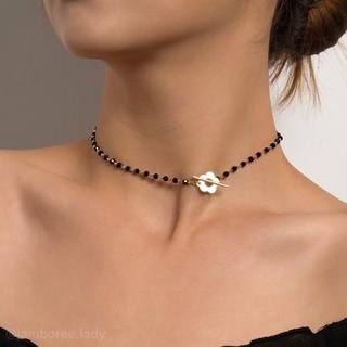 Choker black beads  โชคเกอร์สีดำ จี้ดอกไม้