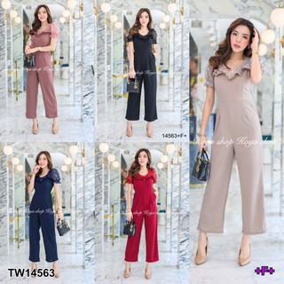 &lt;TW14563 &gt;Jumpsuit จั๊มสูทขายาว อกระบาย ไหล่แขนแต่งลูกไม้ มีเชือกผูกเอว ซิปหลังยาว มีกระเป๋าล้วง