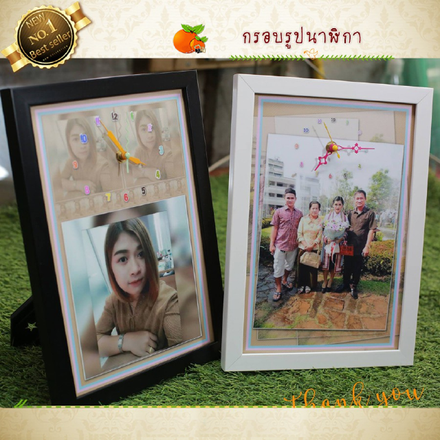 กรอบรูปนาฬิกา ขนาด8x12นิ้ว ไม้สีดำ-ไม้สีขาว อัดรูปเคลือบ+นาฬิกา