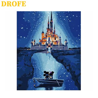 DROFE ภาพระบายสีตามตัวเลข รูปปราสาทในการ์ตูน ของขวัญ DIY สำหรับตกแต่งบ้าน ขนาด 50X40 ซม.