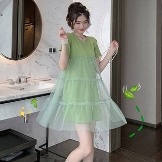 เดรส หวาน ตาข่าย ประกบกัน ชุดเดรสแขนสั้น นางฟ้า อารมณ์ หลวม ชุดเดรสสั้น Dresses