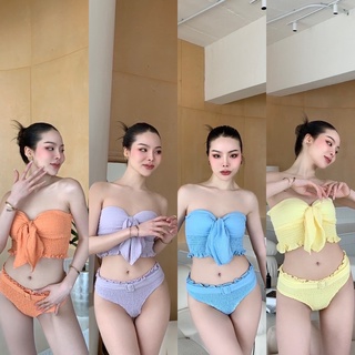 Nudeaholic **งดปลี่ยนหรือคืน Summer Swimming ชุดว่ายน้ำ Two piece ดีไซน์ใหม่ล่าสุดลายผ้าสุดน่ารัก มีเข็มขัด SA LSP