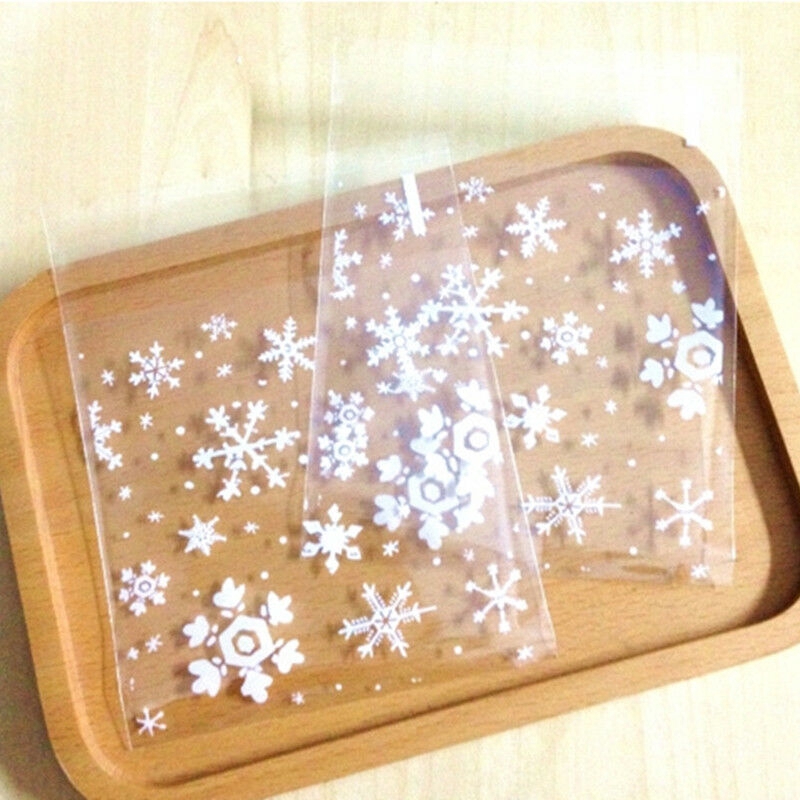 ถุงกระดาษแก้วพลาสติกใส ลายเกล็ดหิมะ สําหรับใส่คุกกี้ บิสกิต เบเกอรี่ 7x7 ซม. 100 ชิ้น ต่อชุด